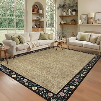 Washable Living Room Rug Floral Bordered Area Rugs Soft Thin Indoor Carpet for Bedroom