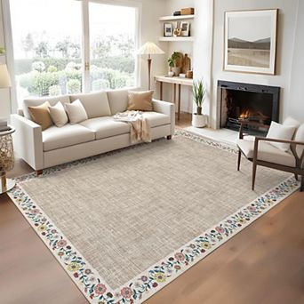 Washable Living Room Rug Floral Bordered Area Rugs Soft Thin Indoor Carpet for Bedroom