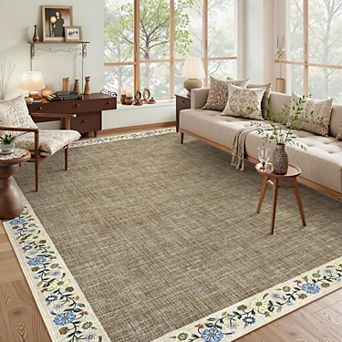 Washable Living Room Rug Floral Bordered Area Rugs Soft Thin Indoor Carpet for Bedroom