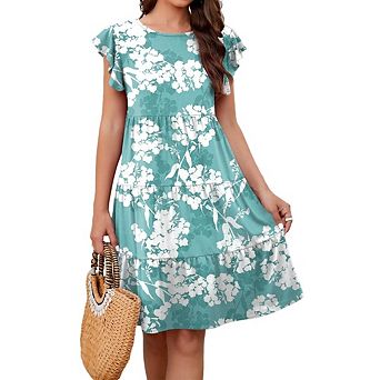 Women Sleeveless V Neck Knee Length Patchwork Pleated Ruffle Flowy Beach Sundress