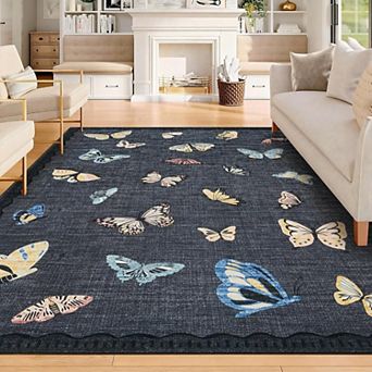 Butterfly Area Rug 8x10, No Slip Washable Rug, Modern Bedroom Rug Under Bed Ultra Carpet