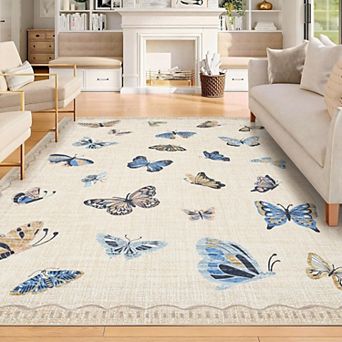 Butterfly Area Rug 8x10, No Slip Washable Rug, Modern Bedroom Rug Under Bed Ultra Carpet