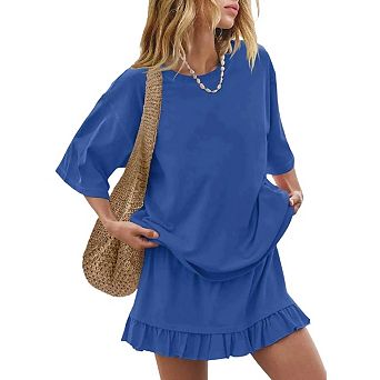 Women 2 pc Skirt Sets Casual Two Piece Skirt Set Short Sleeve Tops and Flowy Skirts Beach Outfits