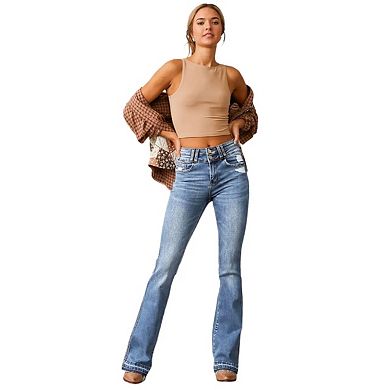 Women High Waisted Distressed Bootcut Jeans Zip Slim Casual Double Button Flare Denim Pants