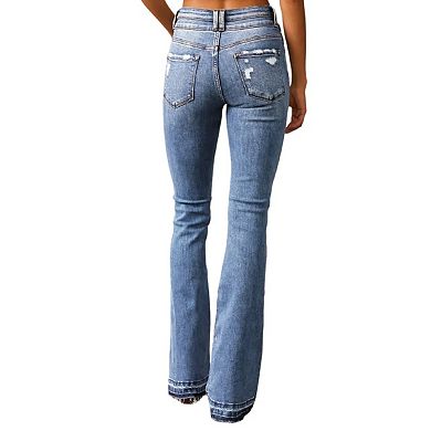 Women High Waisted Distressed Bootcut Jeans Zip Slim Casual Double Button Flare Denim Pants
