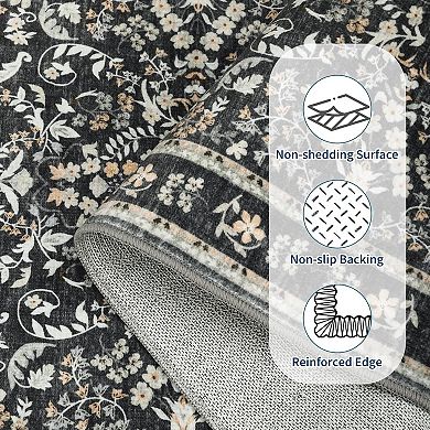 Washable Area Rug, Boho Floral Soft Rugs for Living Room, Non Slip Low Pile Carpet
