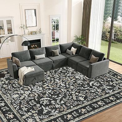 Washable Area Rug, Boho Floral Soft Rugs for Living Room, Non Slip Low Pile Carpet