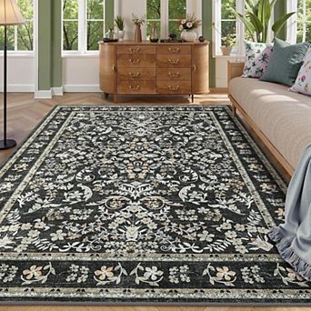 Washable Area Rug, Boho Floral Soft Rugs for Living Room, Non Slip Low Pile Carpet