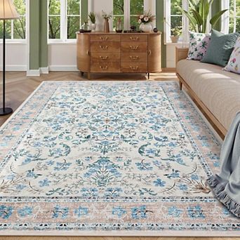 Washable Area Rug, Boho Floral Soft Rugs for Living Room, Non Slip Low Pile Carpet