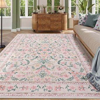 Washable Area Rug, Boho Floral Soft Rugs for Living Room, Non Slip Low Pile Carpet