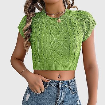 Women's Cable Knit Short Sleeve Sweater Cropped Summer Top with Textured Stitch Casual Pullover