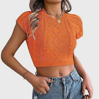 Women's Cable Knit Short Sleeve Sweater Cropped Summer Top with Textured Stitch Casual Pullover