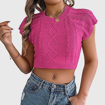 Women's Cable Knit Short Sleeve Sweater Cropped Summer Top with Textured Stitch Casual Pullover