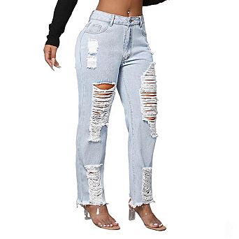 Women's High Rise Distressed Denim Jeans Fringe Ankles Straight Leg Pants