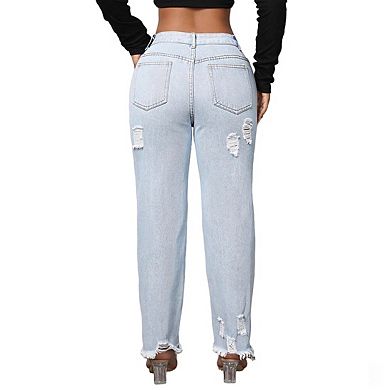 Women's High Rise Distressed Denim Jeans Fringe Ankles Straight Leg Pants