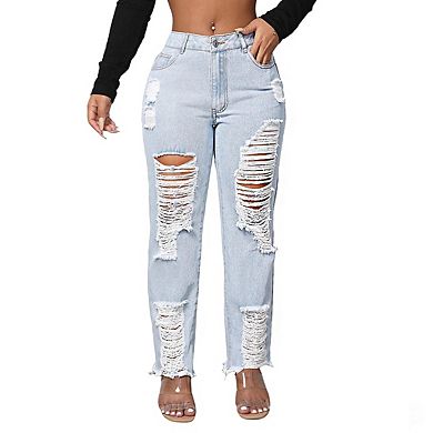 Women's High Rise Distressed Denim Jeans Fringe Ankles Straight Leg Pants