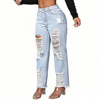 Women's High Rise Distressed Denim Jeans Fringe Ankles Straight Leg Pants