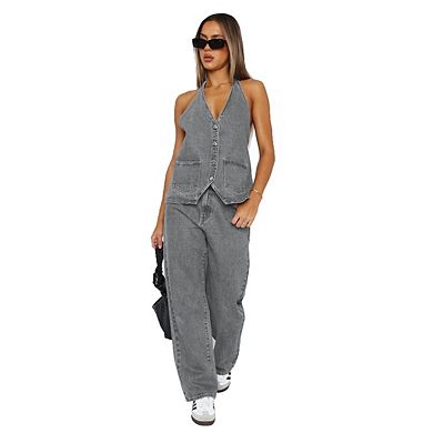 Women's Deep V Neck Denim Vest Button Front Halter Neck Asymmetrical Denim Crop Top Jean Vest