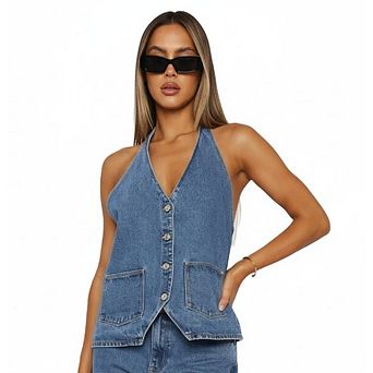 Women's Deep V Neck Denim Vest Button Front Halter Neck Asymmetrical Denim Crop Top Jean Vest