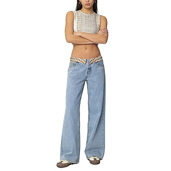 Women's Low Rise Wide Leg Jeans with Plaid Waistband Denim Pants Casual Straight Leg Jeans
