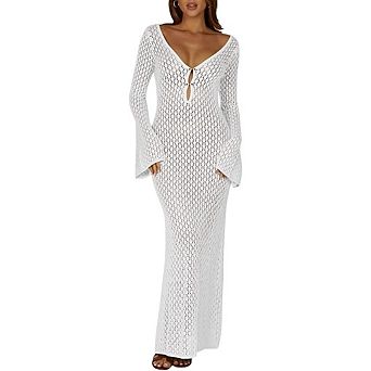 Womens Crochet Maxi Cover Up Dress Long Sleeve Bodycon Summer Knit Dresses Beach Vacation Coverups