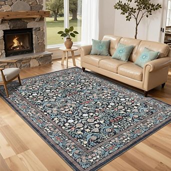 Floral 5x7 Area Rug Vintage Boho Washable & Non-Slip Living Room Carpet, Soft Stain-Resistant
