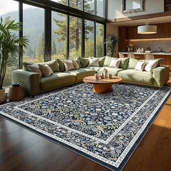 Floral 5x7 Area Rug Vintage Boho Washable & Non-Slip Living Room Carpet, Soft Stain-Resistant