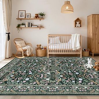Floral 5x7 Area Rug Vintage Boho Washable & Non-Slip Living Room Carpet, Soft Stain-Resistant