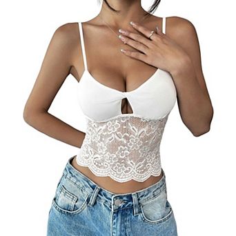 Women's Lace Patchwork Twist Front Cami Top, Slim Fit Spaghetti Strap Corset Camisole