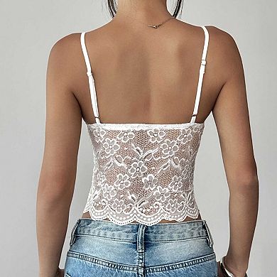 Women's Lace Patchwork Twist Front Cami Top, Slim Fit Spaghetti Strap Corset Camisole