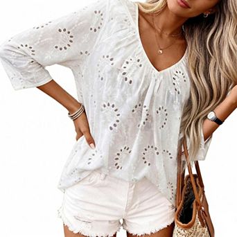Women's Eyelet Embroidery V Neck Blouse, 3/4 Sleeve Loose Fit Casual Summer Shirt