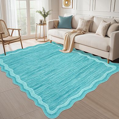 Area Rug Washable Non Slip Low Pile,Scalloped Wavy Edge Indoor Carpet