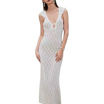 Womens Crochet Maxi Cover Up Dress Sleeveless Bodycon Summer Knit Dresses Beach Vacation Coverups