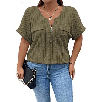 Women Plus Size Top Short Sleeve Blouses Zip-up V Neck Top Womens Fashion Trendy Casual Work Shirt