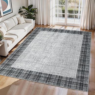 Washable Rugs 5x7 Modern Bordered Plaid Area Rug for Bedroom Stain Resistant Throw Carpet Low