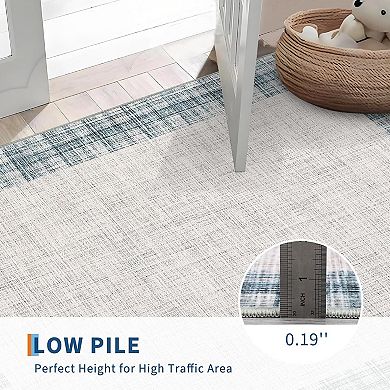Washable Rugs 5x7 Modern Bordered Plaid Area Rug for Bedroom Stain Resistant Throw Carpet Low