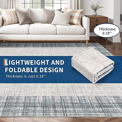 Washable Rugs 5x7 Modern Bordered Plaid Area Rug for Bedroom Stain Resistant Throw Carpet Low