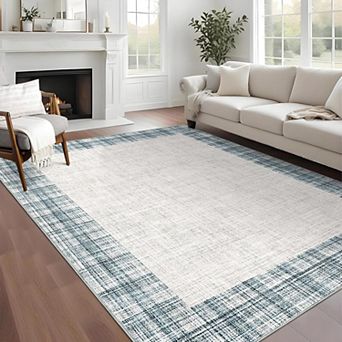 Washable Rugs 5x7 Modern Bordered Plaid Area Rug for Bedroom Stain Resistant Throw Carpet Low