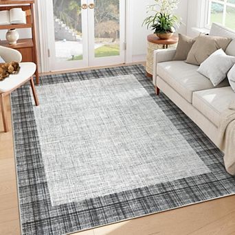 Washable Rugs 5x7 Modern Bordered Plaid Area Rug for Bedroom Stain Resistant Throw Carpet Low