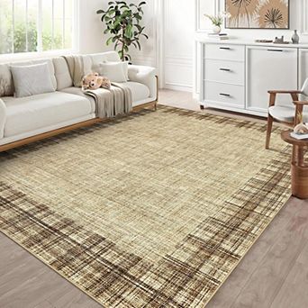 Washable Rugs 5x7 Modern Bordered Plaid Area Rug for Bedroom Stain Resistant Throw Carpet Low