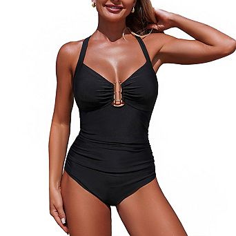 Women's Ruched Bust Swimsuit with Halter Strap Cross Back Design and Keyhole Front Bikini