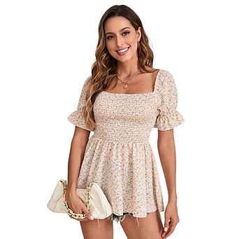Women Square Neck Off Shoulder Chiffon Top Floral Print Short Sleeve Tee Casual Loose Versatile Top