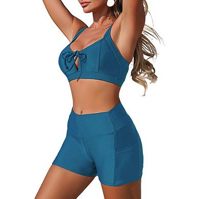 Women's High Waist Short Bottom Two Piece Swimsuit with Tie Front Top and Ruched Waist Design
