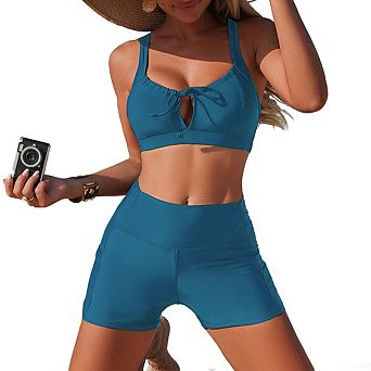 Women's High Waist Short Bottom Two Piece Swimsuit with Tie Front Top and Ruched Waist Design