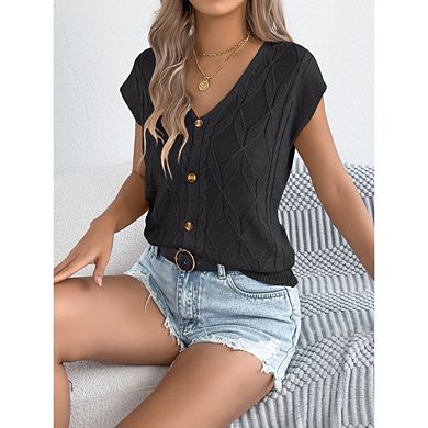 Women Cap Sleeve V Neck Top Cable Knit Button Down Sweaters Vest