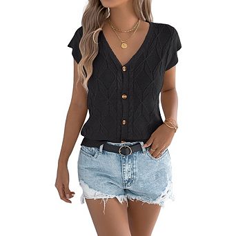 Women Cap Sleeve V Neck Top Cable Knit Button Down Sweaters Vest