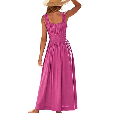Women's Sleeveless Maxi Dress with Ruffled Shoulder Straps Smocked Bodice and Front Tie
