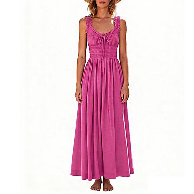 Women's Sleeveless Maxi Dress with Ruffled Shoulder Straps Smocked Bodice and Front Tie
