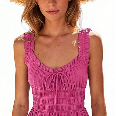 Women's Sleeveless Maxi Dress with Ruffled Shoulder Straps Smocked Bodice and Front Tie