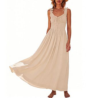 Women's Sleeveless Maxi Dress with Ruffled Shoulder Straps Smocked Bodice and Front Tie